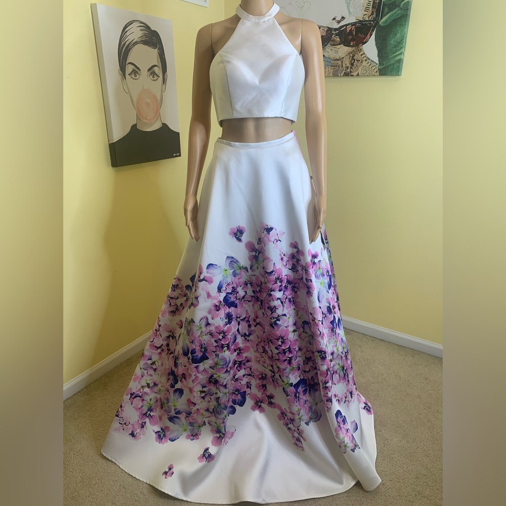 NWT BLUSH PROM 2-Piece Dress in White with Purple/Blue/Green Floral Print, Sz 2 - Picture 4 of 9